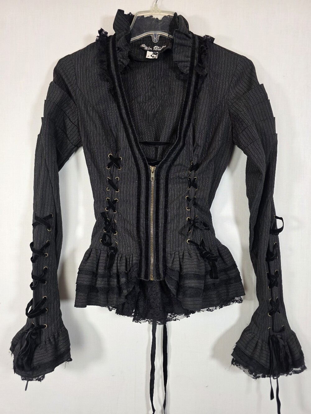 Spin Doctor Victorian Goth Pinstripe Corset Top - Velvet Lace Up Bell Sleeve Jac - Picture 2 of 12